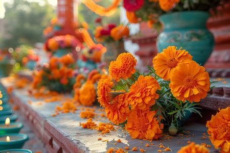 Colorful Marigold Flowers Decorating An Outdoor Altar During A Festive Celebrationの素材