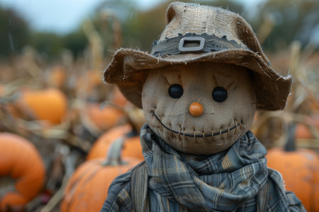 Charming Scarecrow Surrounded by Pumpkins in Autumn Farm Fieldの素材