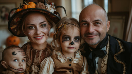 Family Celebrating Halloween in Costumes With Pumpkins at Home During Autumn Eveningの素材