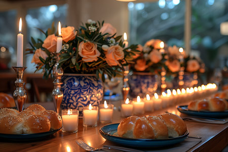 Elegant Candlelit Dinner Setting With Fresh Rolls and Floral Arrangements at Twilightの素材