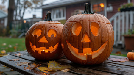 Two Joyful Carved Pumpkins Illuminated on a Foggy Autumn Evening in a Cozy Neighborhoodの素材