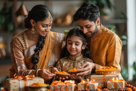 Family Celebrating Diwali Together With Colorful Decorations and Traditional Dress in a Cozy Settingの素材