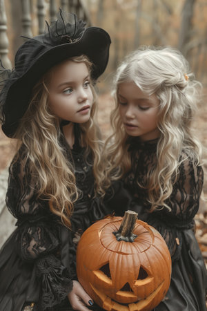 Two Young Girls in Black Dresses With Long Hair Hold a Pumpkin Outdoors in Autumnの素材