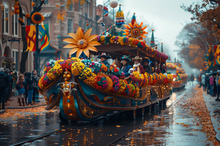 Colorful Floral Parade Floats Celebrating Local Festival on Rainy Autumn Dayの素材