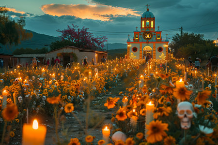 Vibrant Celebration at Night With Candles and Sunflowers Surrounding a Church in the Countrysideの素材