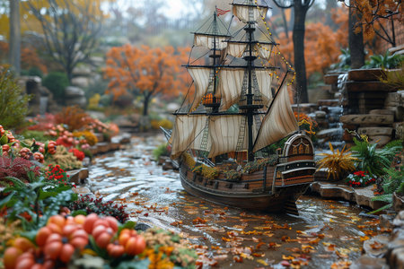 A Detailed Model Ship Navigating Through a Colorful Autumn Garden Landscapeの素材