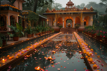Tranquil Evening at a Beautifully Decorated Garden With Illuminated Path and Floral Arrangementsの素材