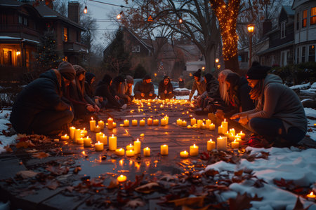 Community Gathering on a Snowy Evening for Candlelight Vigil in Neighborhoodの素材