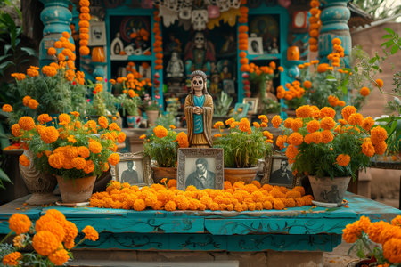 Colorful Altar Displaying Marigold Flowers and Statues in a Traditional Celebration Settingの素材