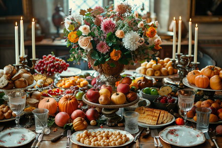 Elegant Autumn Harvest Feast Display With Abundant Fruits and Flowers in a Historic Settingの素材