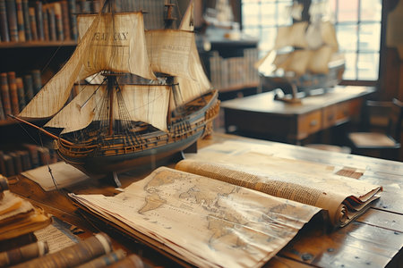 Detailed Ship Model Displayed on Wooden Table in Vintage Library With Old Booksの素材