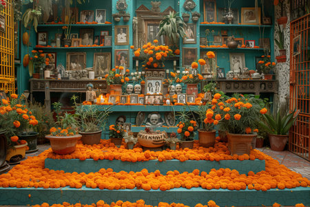 Colorful Altar Decorated With Marigold Flowers During Cultural Celebration in a Vibrant Indoor Spaceの素材