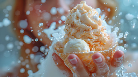 Celebrating Summer With Delicious Ice Cream in a Colorful Cone During a Fun Water Splashの素材