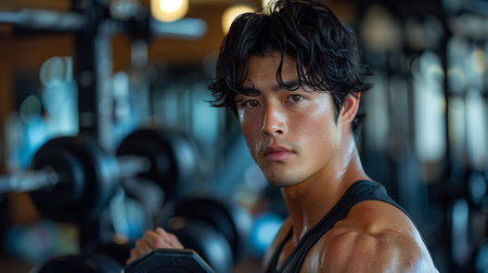 Young Man Lifting Weights in Modern Gym During Late Afternoon Workout Sessionの素材