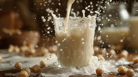 Splashes of Freshly Made Nut Milk in a Rustic Kitchen During Morning Preparation Hoursの素材