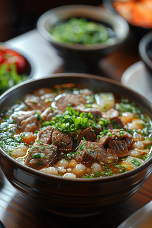 Delicious Bowl of Hearty Beef Soup With Fresh Herbs and Vegetables in a Cozy Restaurant Settingの素材