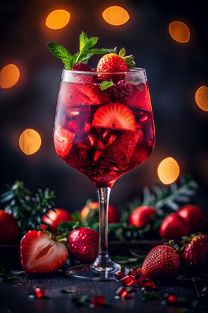 Refreshing Berry Cocktail Served In Elegant Glass Surrounded By Fresh Strawberries At Evening Gatheringの素材