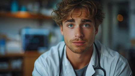 Young Male Medical Professional in Scrubs With Stethoscope in Clinic Settingの素材