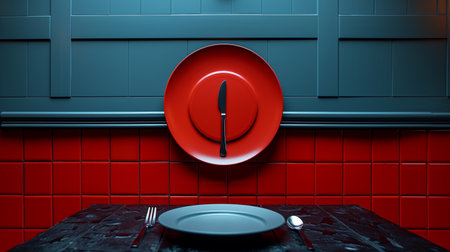 Unique Modern Culinary Art Installation Featuring Red Plate and Cutlery in Dimly Lit Settingの素材