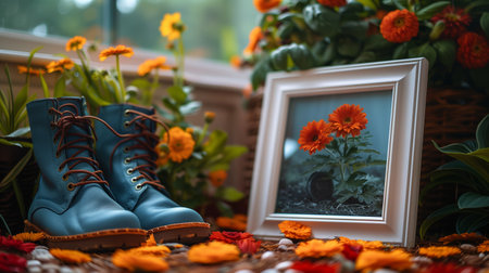 Vintage Blue Boots Surrounded By Bright Flowers Near Framed Picture of Bloomsの素材