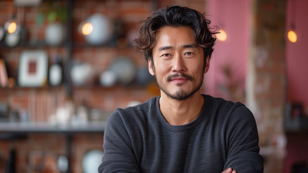 A Confident Man Smiling Casually in a Cozy CafÃ© With Rustic Decorの素材