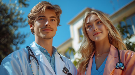 Young Medical Professionals Smiling Together Outside A Hospital On A Sunny Dayの素材
