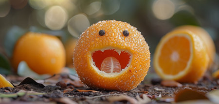 Creative Citrus Art Displayed Outdoors With Orange Fruit Faces in Natural Settingの素材