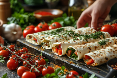 Freshly Prepared Wraps With Vegetables and Herbs on a Rustic Wooden Tableの素材