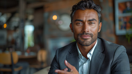 Professional Man Engaging in Conversation at a Modern Restaurant During Daylight Hoursの素材