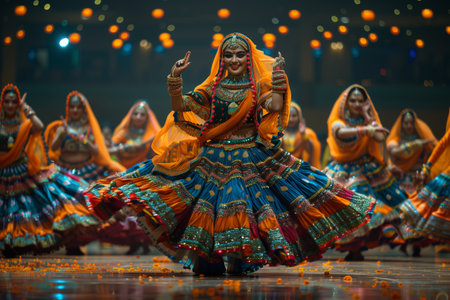 Traditional Folk Dance Performance in Colorful Costumes During Festive Celebration at Nightの素材