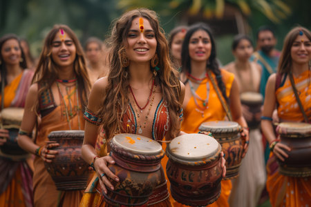 Celebration of Traditional Dance and Music Among Women Wearing Colorful Costumes Outdoorsの素材