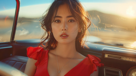 Young Woman in Red Dress Relaxing Inside Vintage Car During Sunset in Open Landscapeの素材