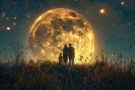 Silhouetted Family Stares at Massive Golden Moon in Starry Night Skyの素材
