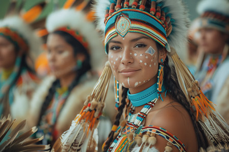 Cultural Celebration Featuring Indigenous Dancers in Traditional Attire at Community Gathering in Autumnの素材