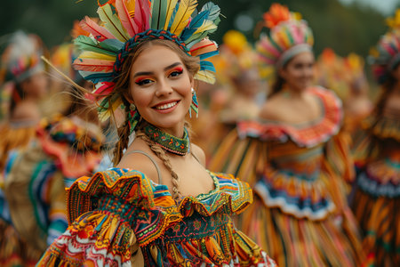 Vibrant Celebration of Culture With Dancers in Traditional Attire at Outdoor Festival Eventの素材