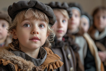 Children Dressed in Historical Attire Participating in a Learning Activity at a Cultural Heritage Eventの素材