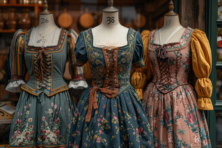 Traditional Dresses on Mannequins Displayed in a Charming European Market During a Sunny Afternoonの素材