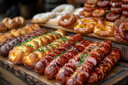 Delicious Display of Artisanal Bread Sticks and Pretzels at Local Market During Afternoonの素材