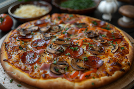 Delicious Homemade Pepperoni Pizza With Fresh Mushrooms and Vegetables on Wooden Tableの素材