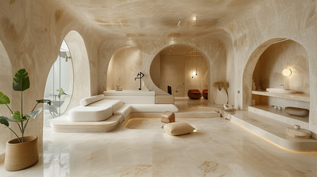 Elegant Modern Interior Design of Minimalist Spa Lounge With Natural Light in a Tranquil Environmentの素材