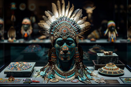 Intricate Native American Headdress Displayed in Museum Exhibit During Evening Hours in Urban Settingの素材