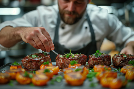 Skilled Chef Preparing Gourmet Meat Dish With Roasted Vegetables in a Busy Kitchenの素材
