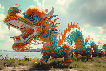 Colorful Dragon Sculpture Displayed Near Waterfront During Bright Sunny Dayの素材