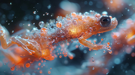 Vibrant Orange Amphibian Swimming in Bubble-Laden Water of Tropical Habitatの素材
