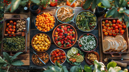 Colorful Display of Fresh Produce and Dishes at a Rustic Outdoor Gathering During Late Afternoonの素材