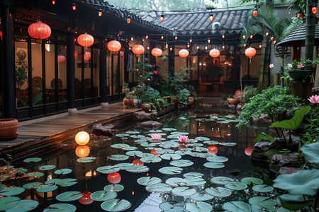 Serene Lantern-Lit Garden With Lotus Pond and Traditional Architecture During Twilightの素材