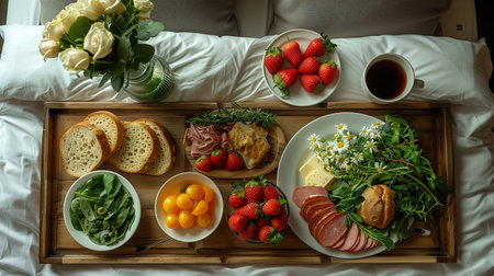 Breakfast Tray With Fresh Fruits, Pastries, and Flowers on a Soft Bed in the Morningの素材