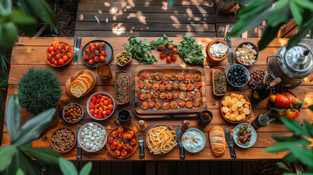 A Vibrant Assortment of Fresh Foods Displayed on a Rustic Wooden Table Outdoorsの素材