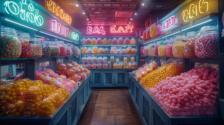 Vibrant Candy Store Filled With Colorful Jars of Sweets During Evening Hoursの素材