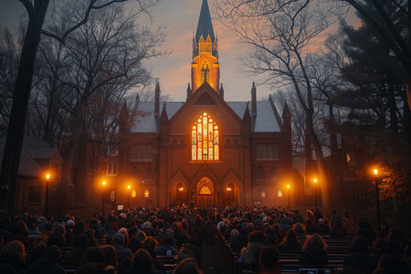 Crowd Gathering for Evening Service at Historic Church Under Twilight Skyの素材